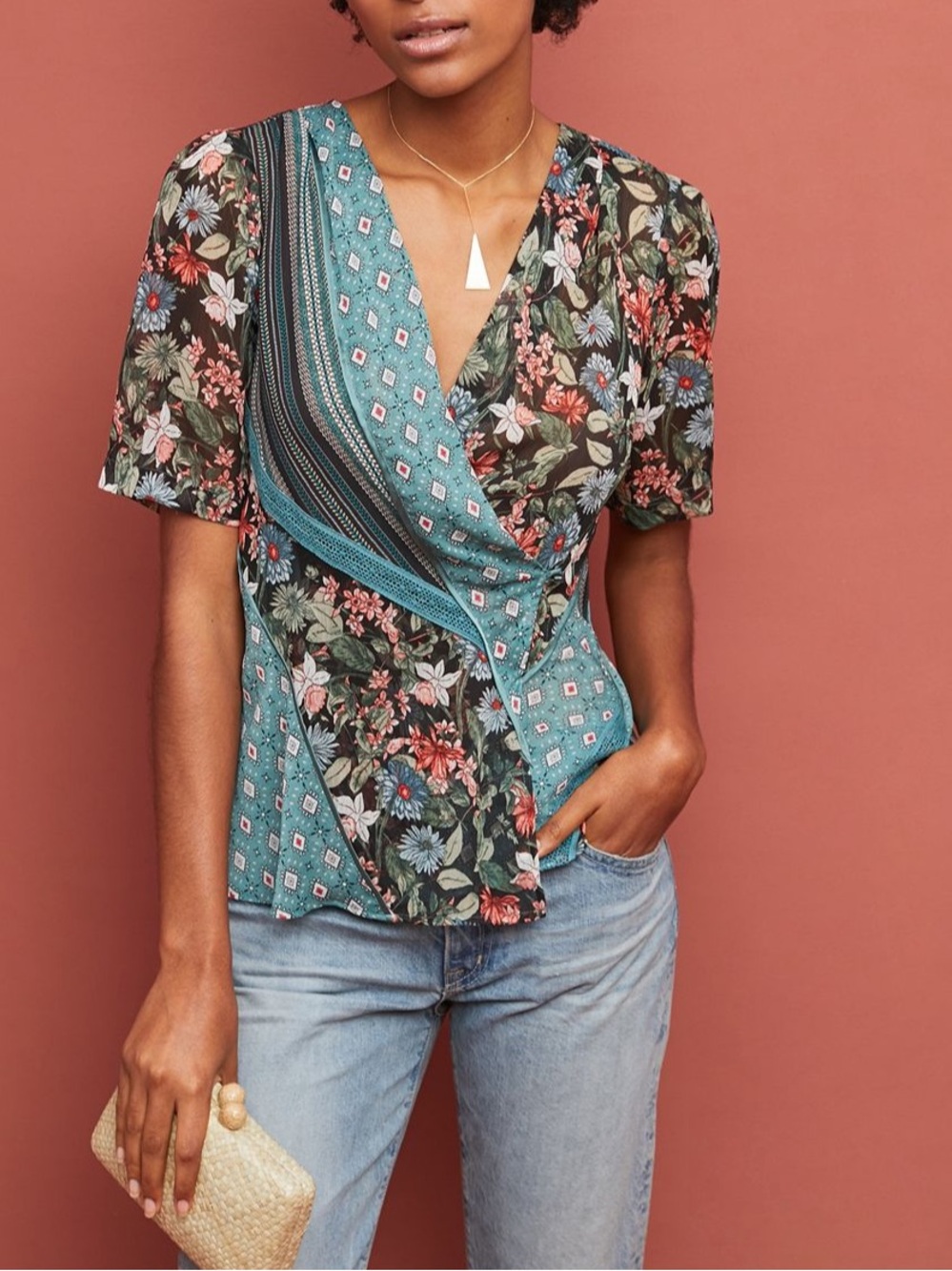 Anthropologie Tiny Lovely Patchwork Wrap Top Lace Floral Boho Satin Size XS & S